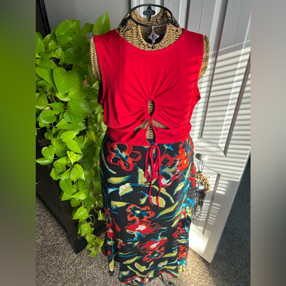 Red crop top with peek a boo cut outs